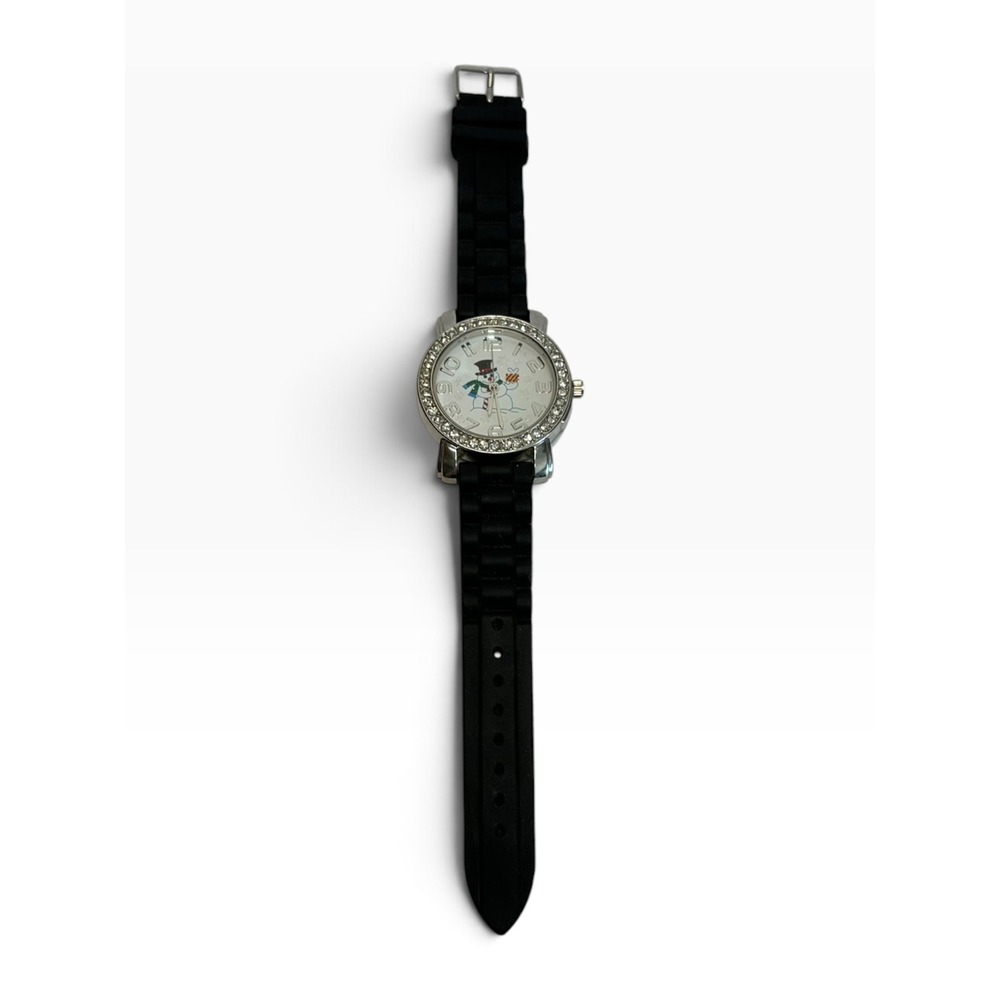 Snowman Watch Womens Black Silicone Band Rhinestone Bezel Holiday 933686